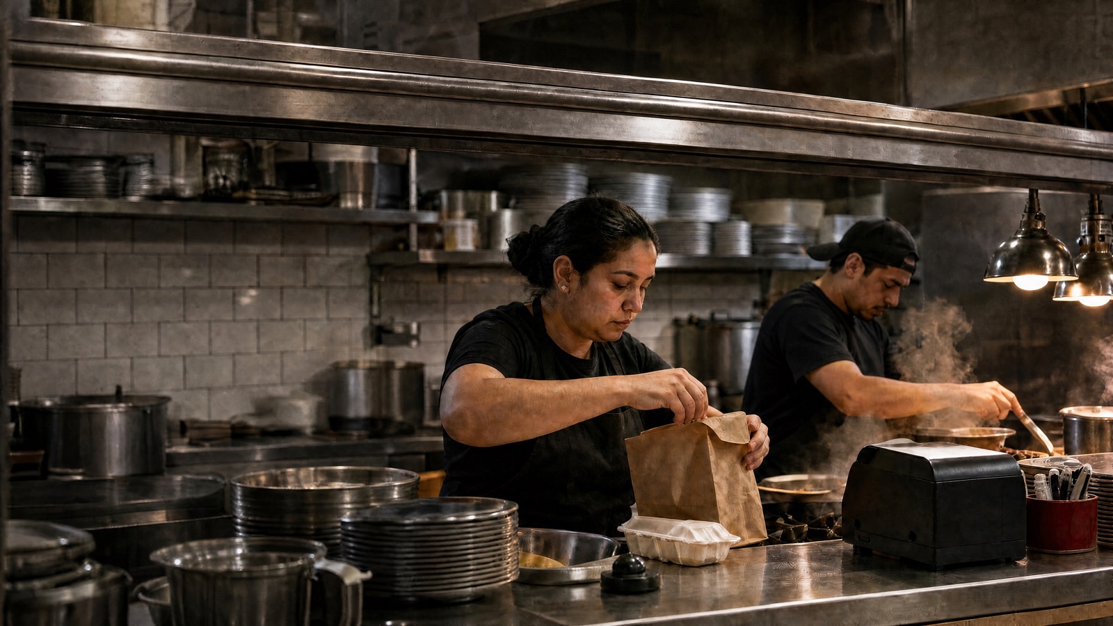 Dos cocineros trabajando en el pase de un restaurante en hora pico